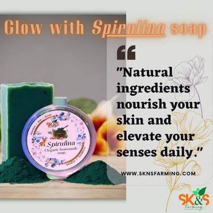 SK&S Farming Homemade- Natural and Organic Spirulina Soap with Aloe Vera, Tulsi, Neem, sandalwood and Turmeric for Anti-Acne, Anti-Aging, Skin Brightening and removes the dullness..