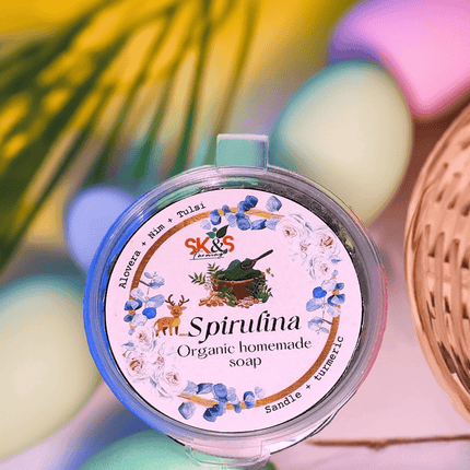 SK&S Farming Homemade - Natural and Organic Spirulina Soap with Aloe Vera, Tulsi, Neem, sandalwood and Turmeric for Anti - Acne, Anti - Aging, Skin Brightening and removes the dullness. - SK&S Farming