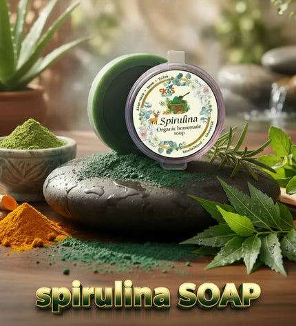 SK&S Farming Spirulina soap with natural ingredients on a wooden surface