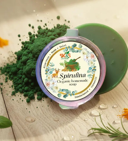 SK&S Farming Spirulina organic homemade soap with green powder and herbs.
