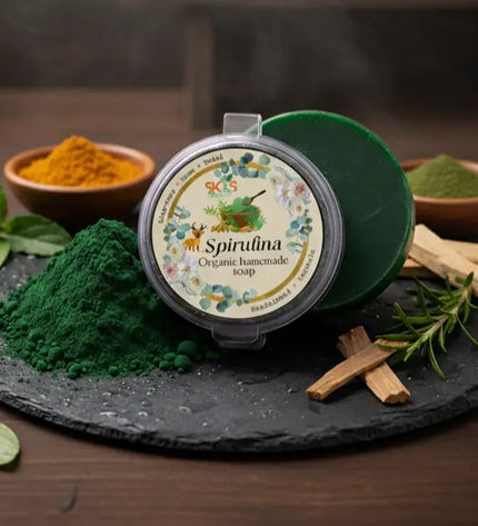 SK&S Farming  Spirulina soap bar with natural ingredients on a dark surface