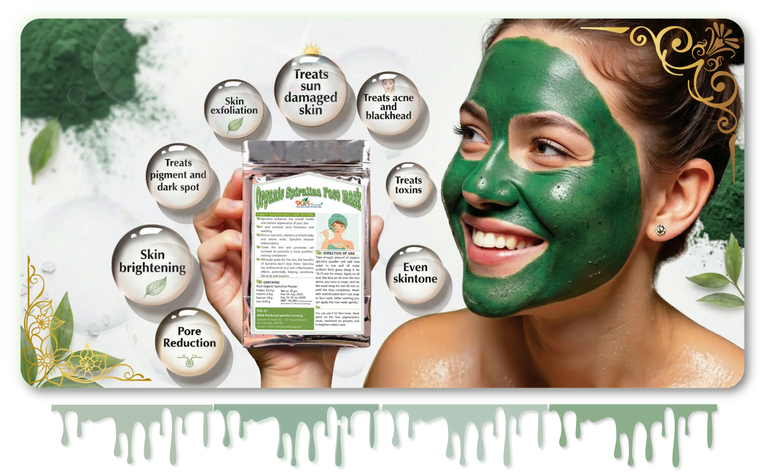 Spirulina face pack acne purifying skin benefits, spirulina_glowing_skin SK&S Farming.