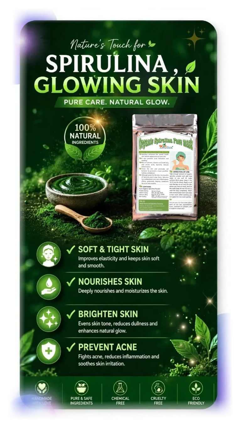 Spirulina glowing skin supplement pouch.  skin care abd benifits - SK&S Farming