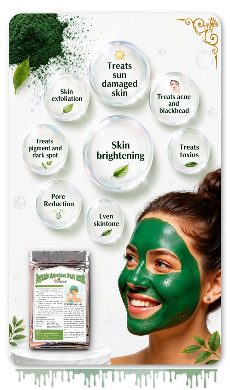 SK&S Farming face mask product.  text bubbles listing benefits such as treating sun damage, acne, pigmentation, and improving skin tone.