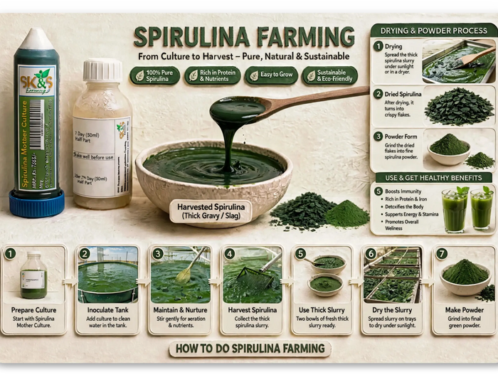 SPIRULINA FARMING showing bottles of culture media, harvested spirulina slurry in a bowl, powder samples, and step-by-step diagrams of the culture, harvest, drying, and powder-making process SK&S Farming.
