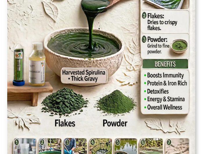 spirulina farming, featuring dark green spirulina slurry being flakes and powder, small bottles, and step-by-step process - SK&S Farming