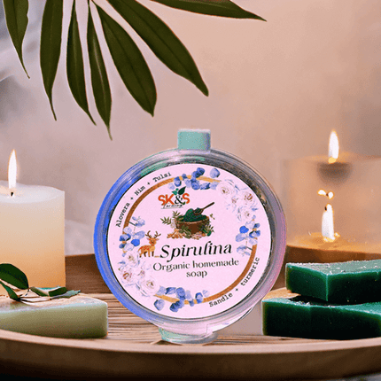 SK&S Farming Homemade - Natural and Organic Spirulina Soap with Aloe Vera, Tulsi, Neem, sandalwood and Turmeric for Anti - Acne, Anti - Aging, Skin Brightening and removes the dullness. - SK&S Farming