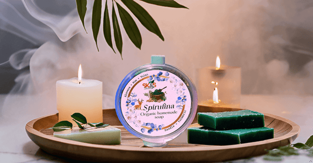 SK&S Farming Homemade - Natural and Organic Spirulina Soap with Aloe Vera, Tulsi, Neem, sandalwood and Turmeric for Anti - Acne, Anti - Aging, Skin Brightening and removes the dullness. - SK&S Farming