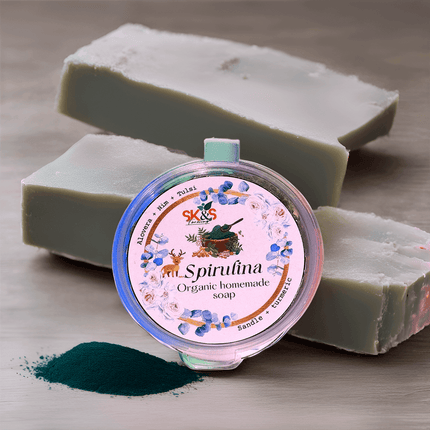 SK&S Farming Homemade - Natural and Organic Spirulina Soap with Aloe Vera, Tulsi, Neem, sandalwood and Turmeric for Anti - Acne, Anti - Aging, Skin Brightening and removes the dullness. - SK&S Farming