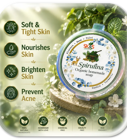 SK&S Spirulina Organic Homemade Soap,  skin benefits and natural, handmade, and cruelty-free qualities.