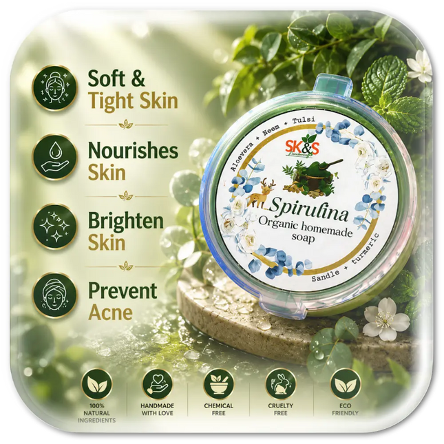 SK&S Spirulina Organic Homemade Soap,  skin benefits and natural, handmade, and cruelty-free qualities.