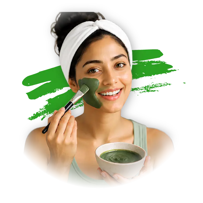 A woman applies a SK&S Farming  face mask using a brush while holding a bowl.