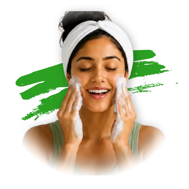 A woman applies foaming skincare before appling SK&S farming face mask