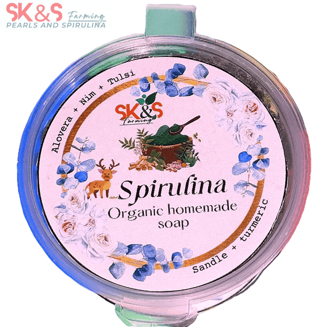 SK&S Farming Homemade- Natural and Organic Spirulina Soap with Aloe Vera, Tulsi, Neem, sandalwood and Turmeric for Anti-Acne, Anti-Aging, Skin Brightening and removes the dullness..